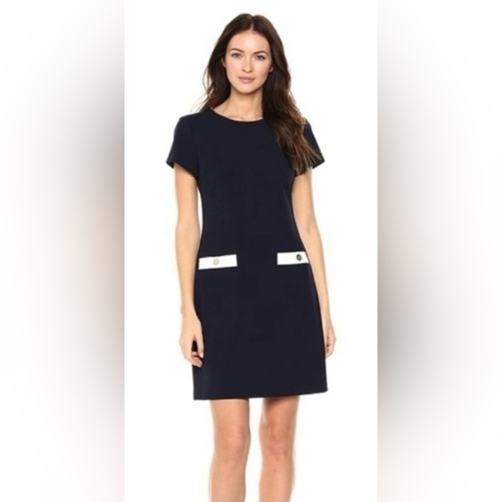 Tommy Hilfiger blk & white trm frnt pckts s/s sheath drss SZ 8 old money preppy